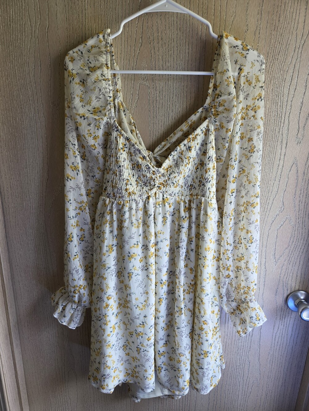 Smocked V-Neck Long Sleeve Floral Dress in Cream & Yellow